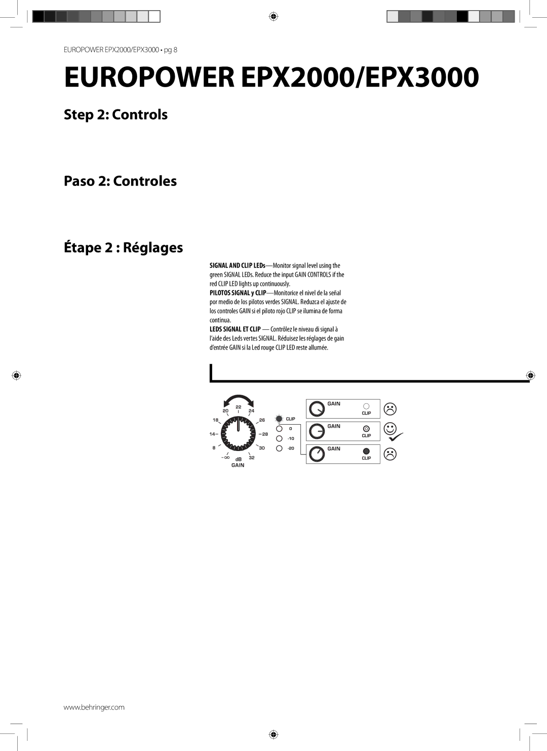 Behringer EPX3000 manual Controls Paso 2 Controles Étape 2 Réglages 