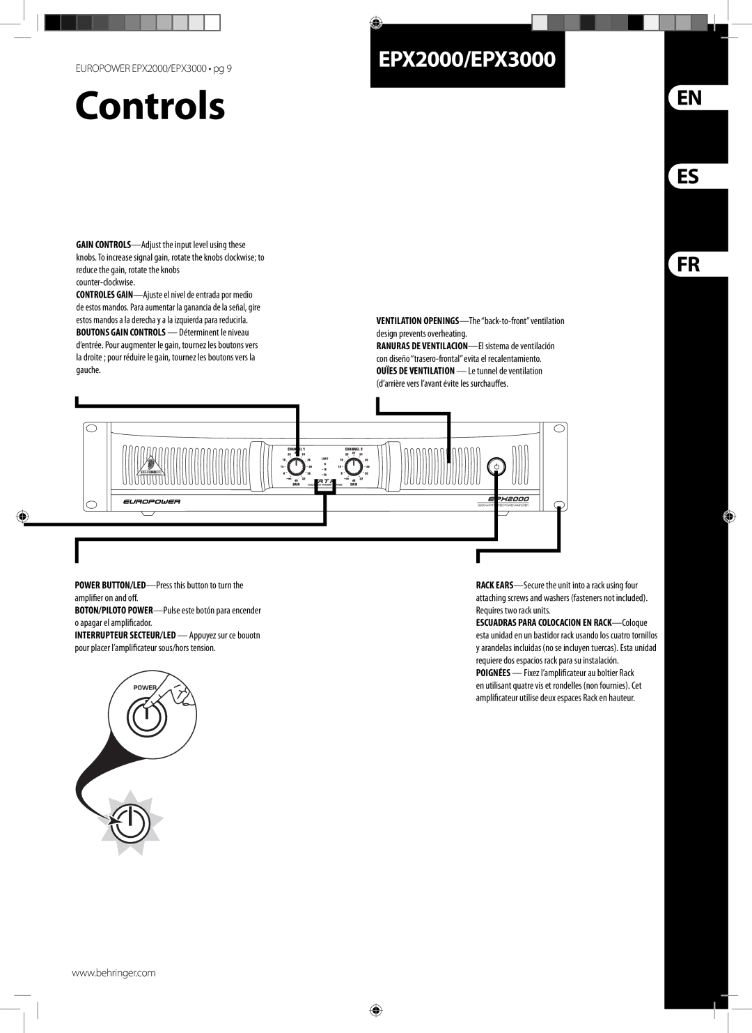 Behringer EPX3000 manual Controls, Counter-clockwise 