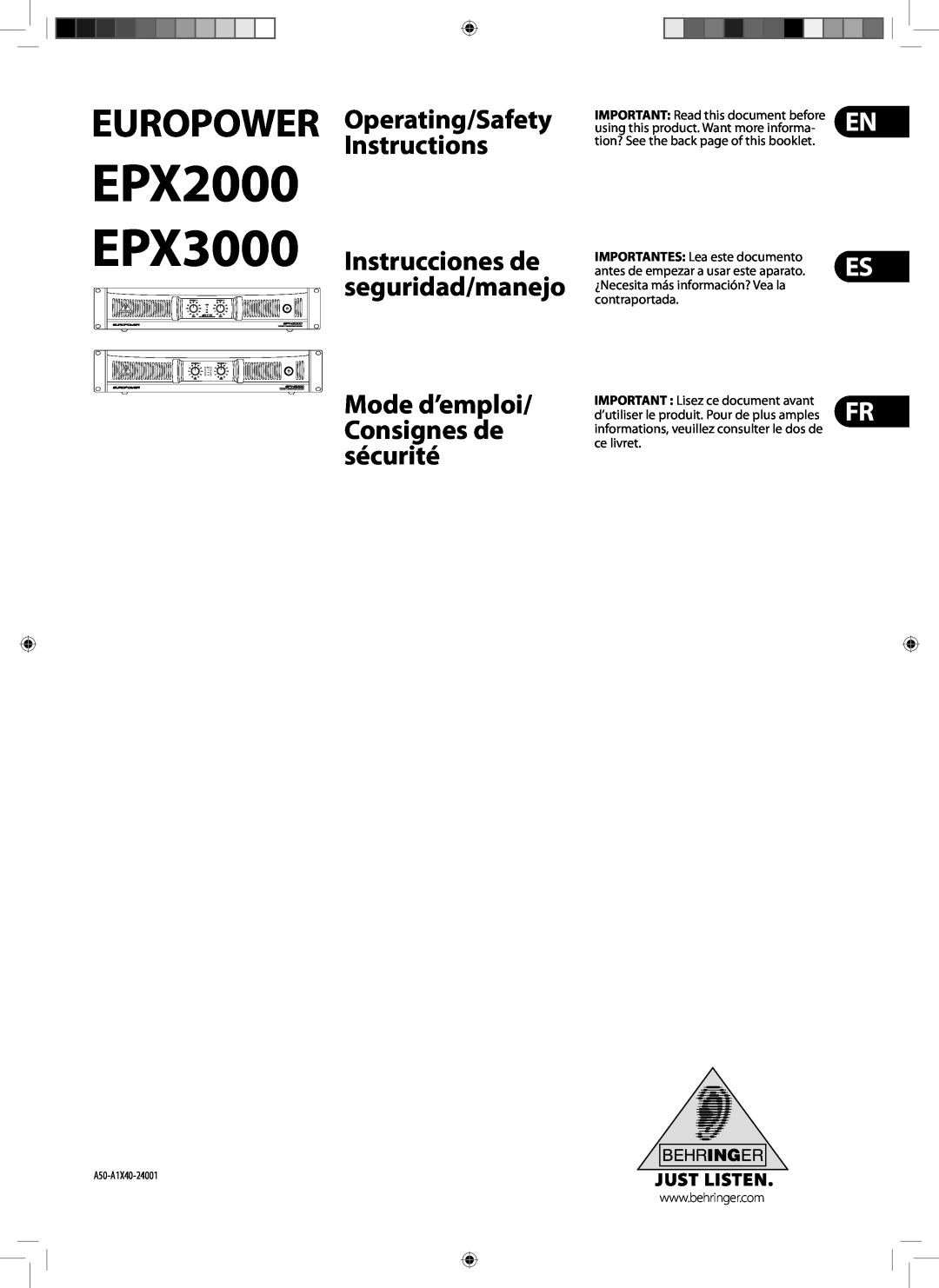 Behringer manual EPX3000 Instrucciones de seguridad/manejo, Mode d’emploi/ Consignes de sécurité, En Es Fr, EPX2000 