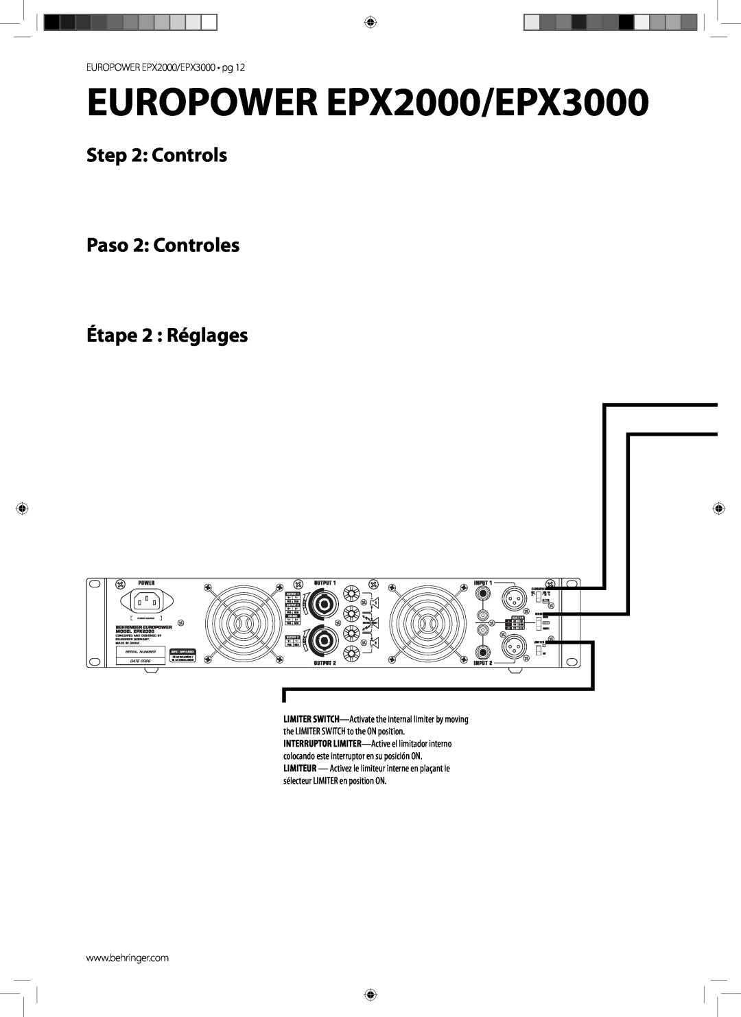 Behringer manual EUROPOWER EPX2000/EPX3000, Controls Paso 2 Controles, Étape 2 Réglages 