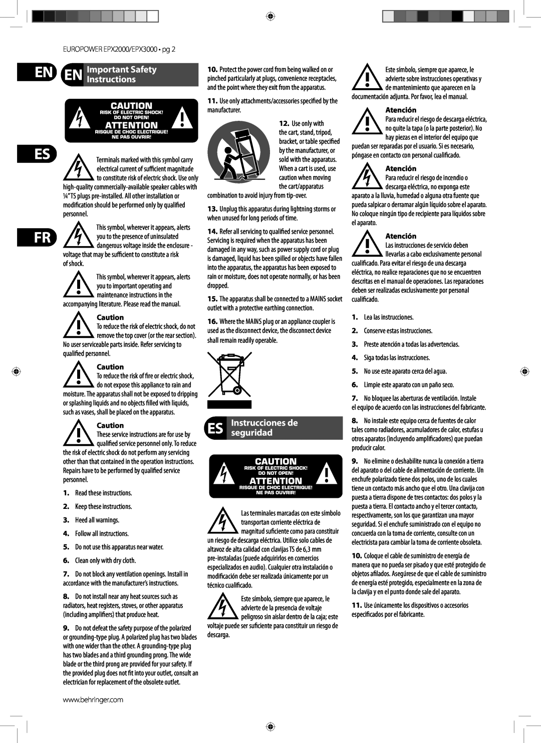 Behringer EPX3000 manual Important Safety EN Instructions, ES Instruccionesseguridad de, Atención, En Es Fr 