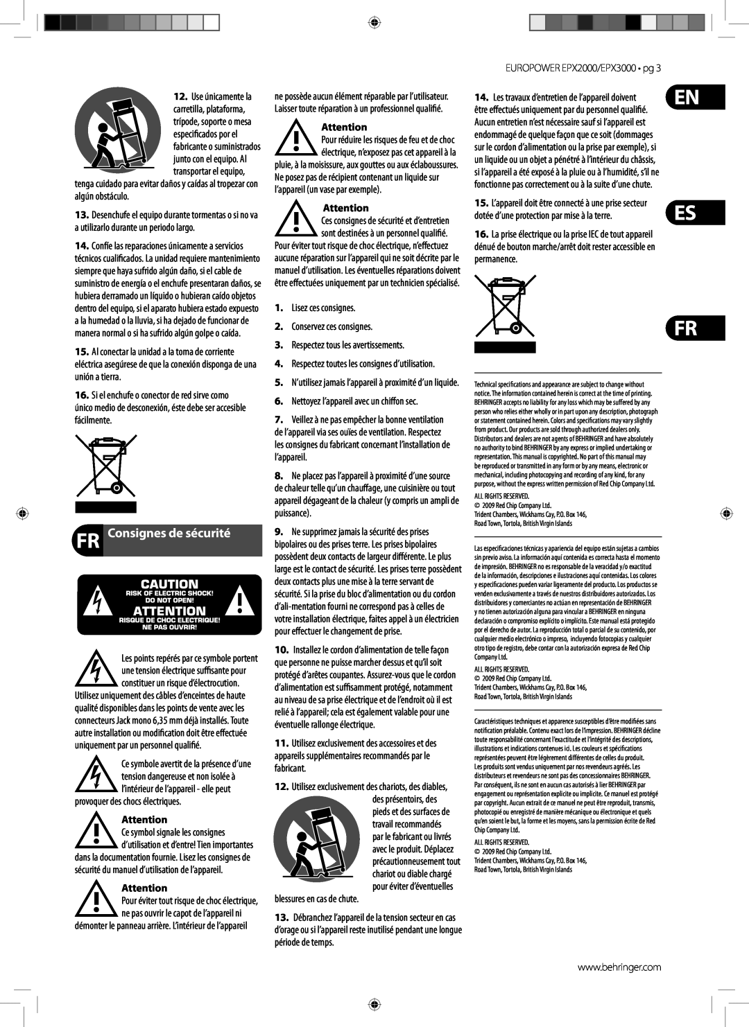 Behringer EPX3000 manual FR Consignes de sécurité 