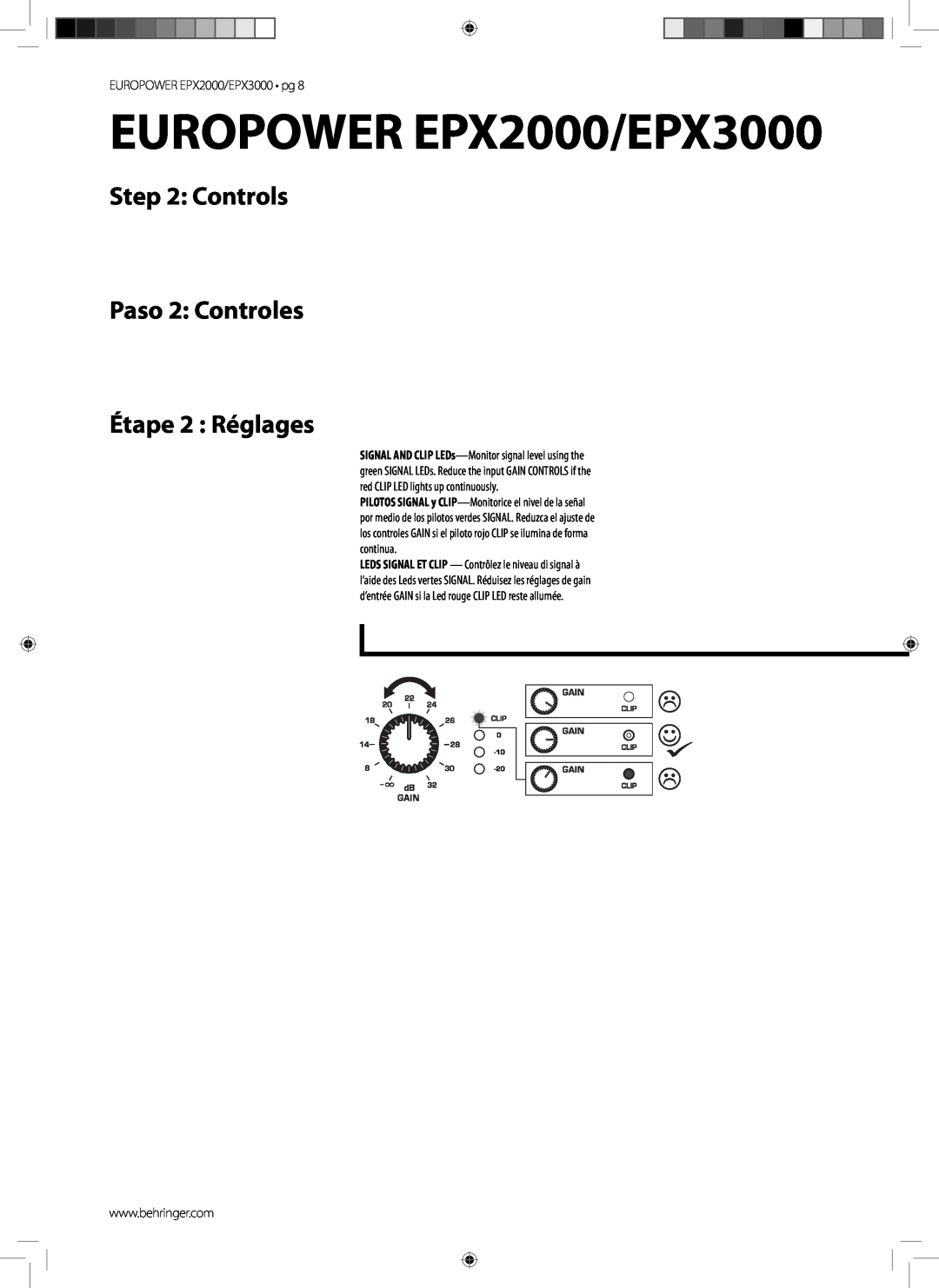 Behringer manual Controls Paso 2 Controles, Étape 2 Réglages, EUROPOWER EPX2000/EPX3000 