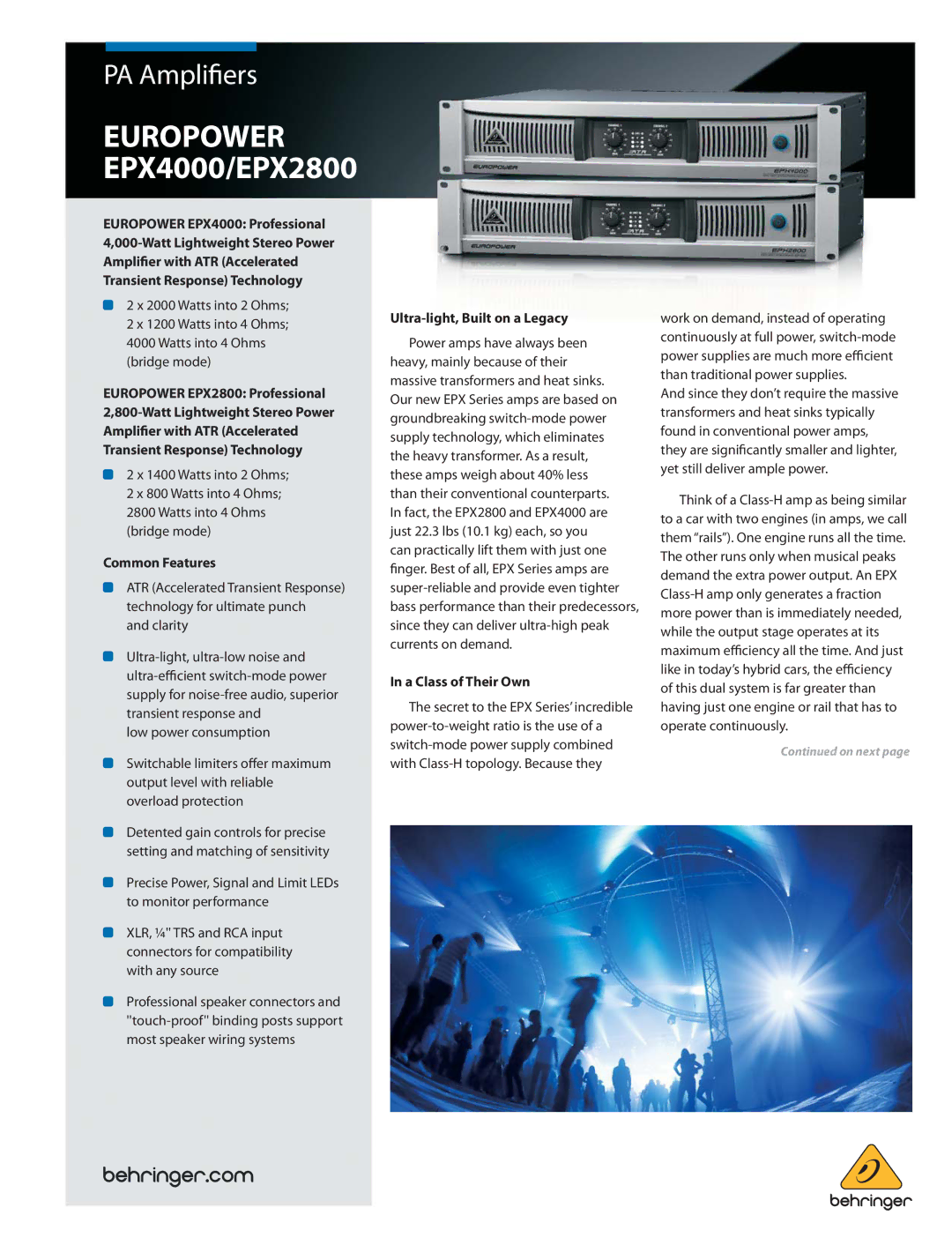 Behringer EPX2800, EPX4000 manual Common Features, Ultra-light, Built on a Legacy, A Class of Their Own 