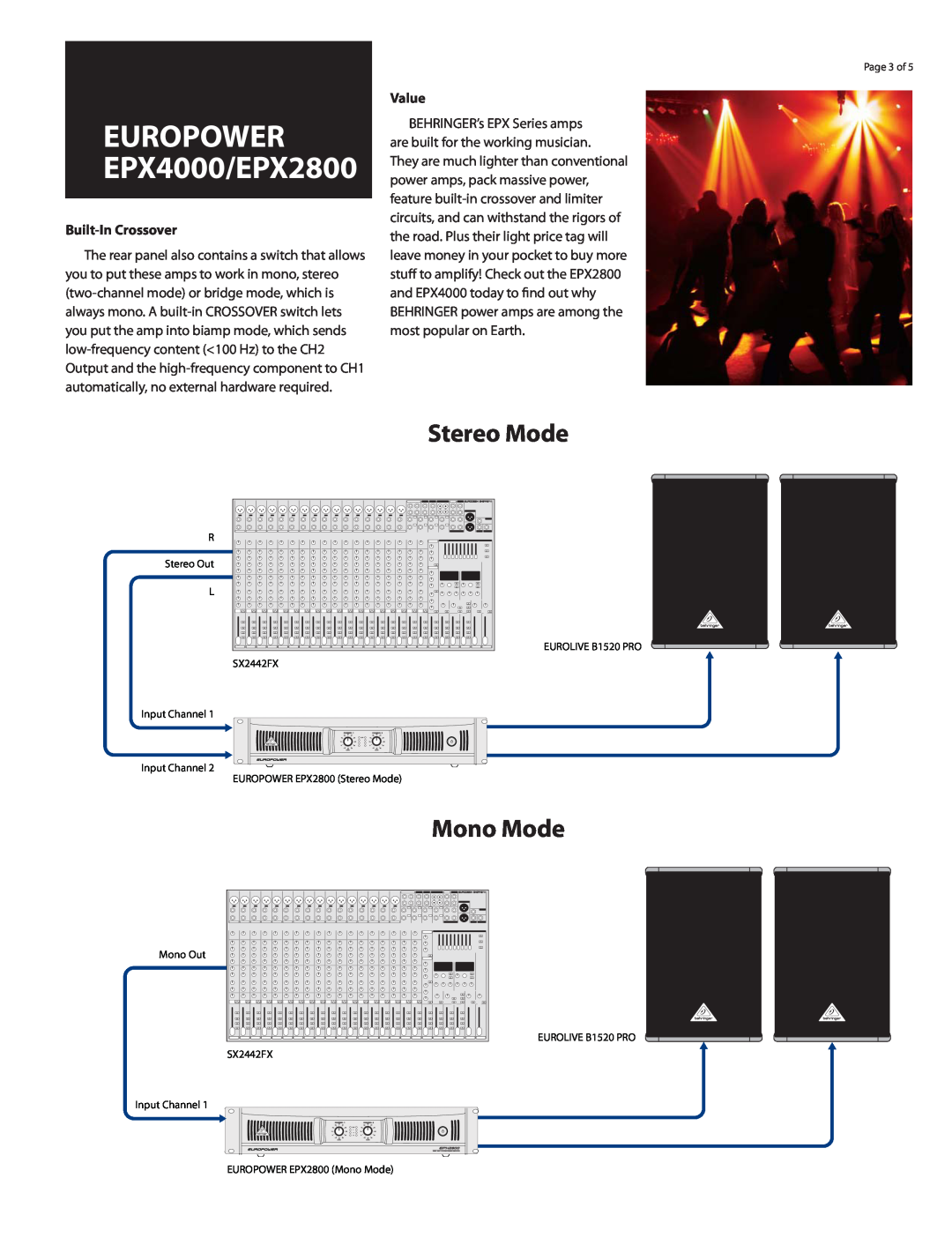 Behringer manual Stereo Mode, Mono Mode, EUROPOWER EPX4000/EPX2800, Built-InCrossover, Value 