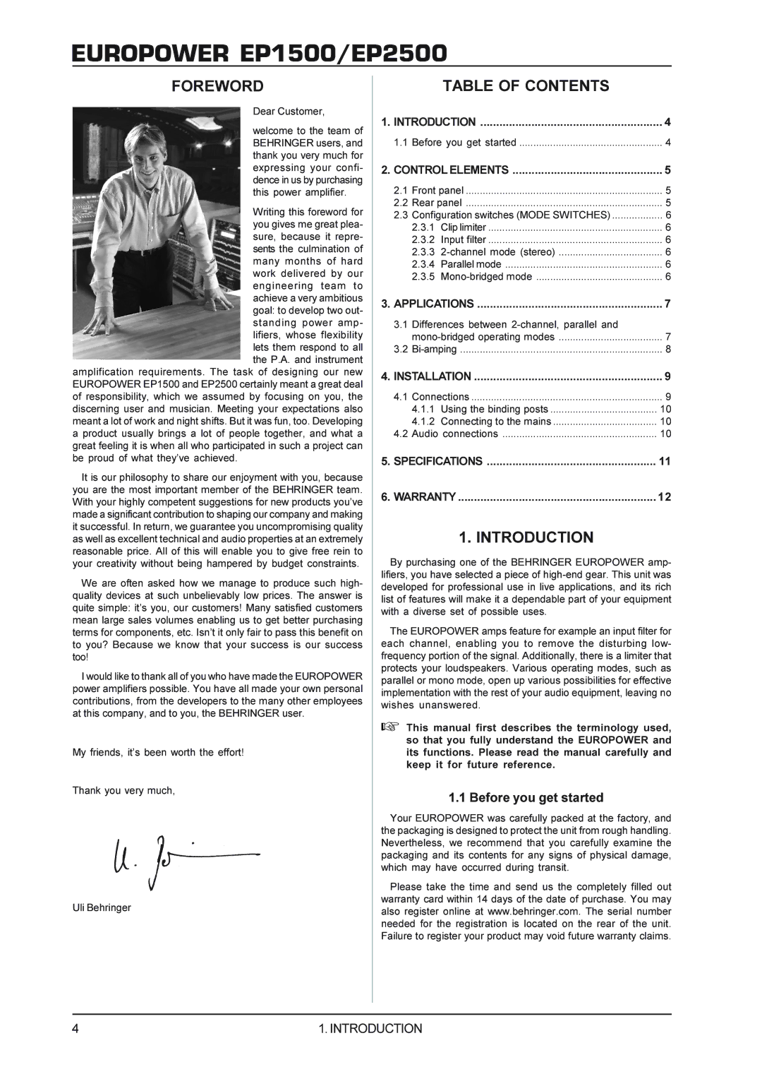 Behringer EUROPOWEREP1500, EP2500 manual Foreword, Table of Contents, Introduction 