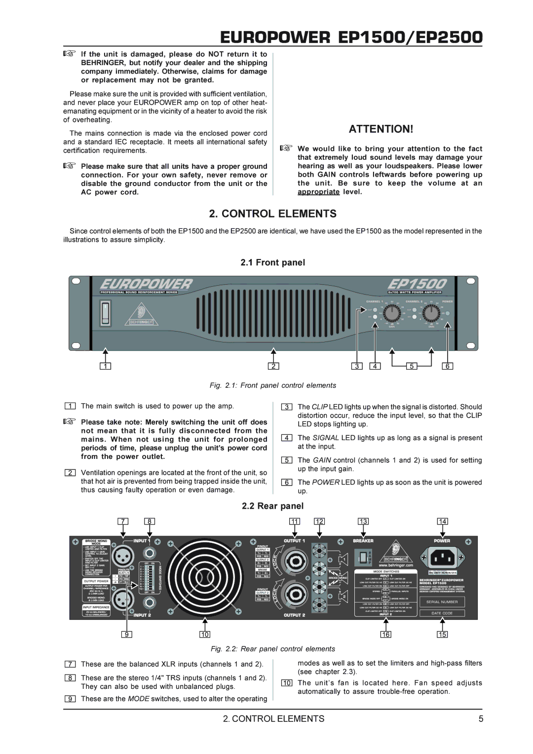 Behringer EP2500, EUROPOWEREP1500 manual Control Elements, Front panel, Rear panel 