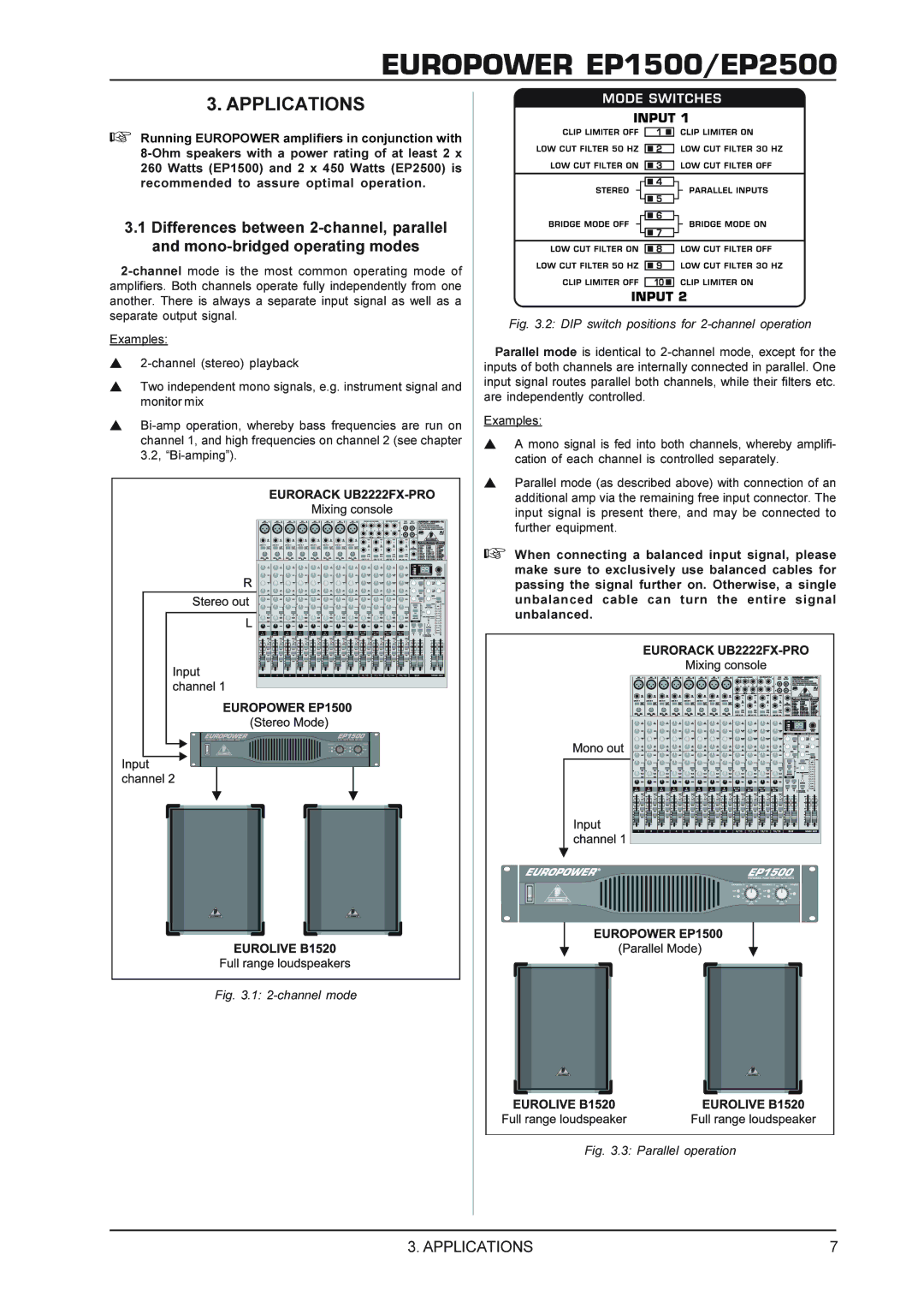 Behringer EP2500, EUROPOWEREP1500 manual Applications, channel mode 