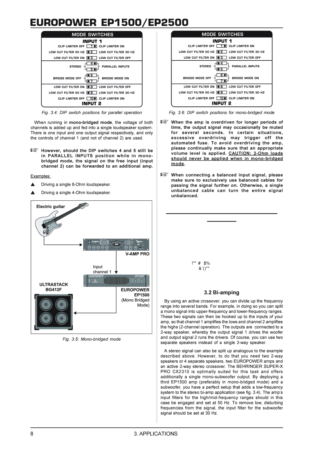 Behringer EUROPOWEREP1500, EP2500 manual Safety precautions for mono-bridged Operation, Bi-amping 