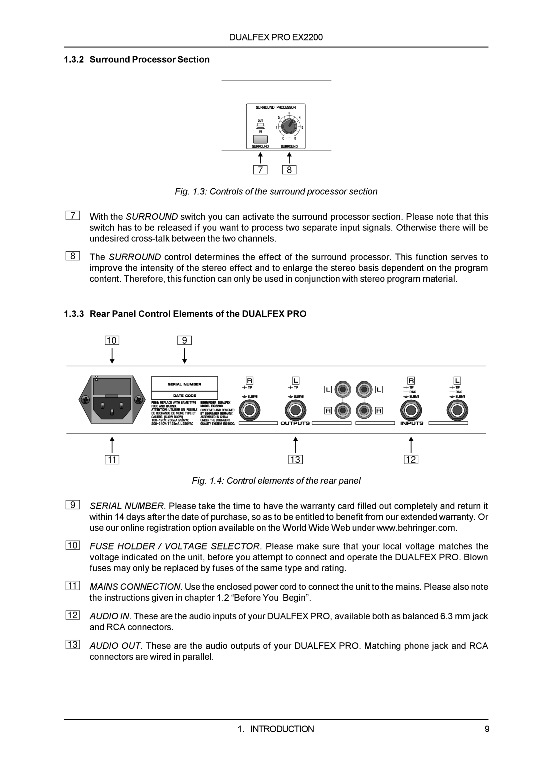 Behringer EX2200 manual Controls of the surround processor section 