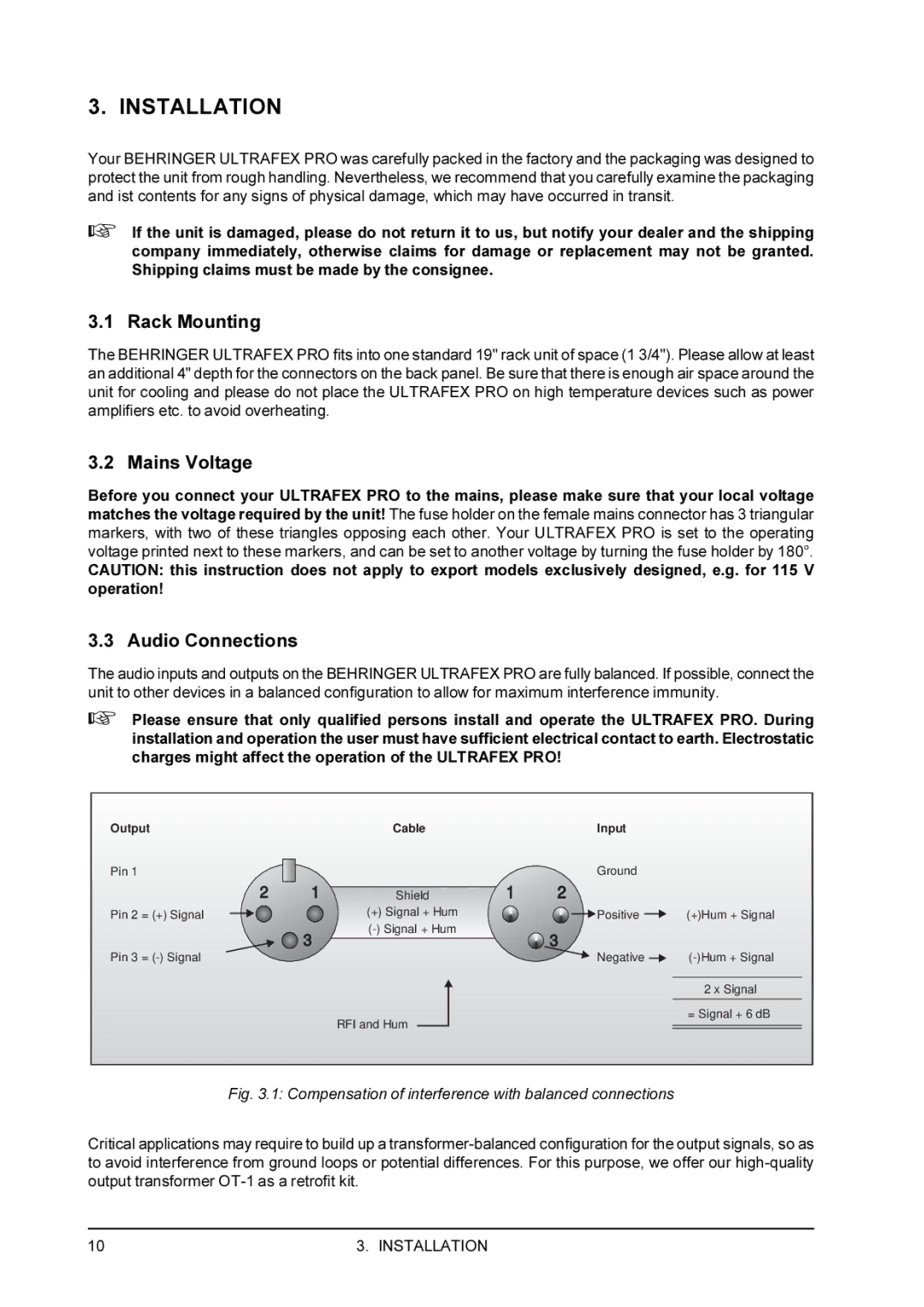 Behringer EX3200 user manual Installation, Rack Mounting, Mains Voltage, Audio Connections 