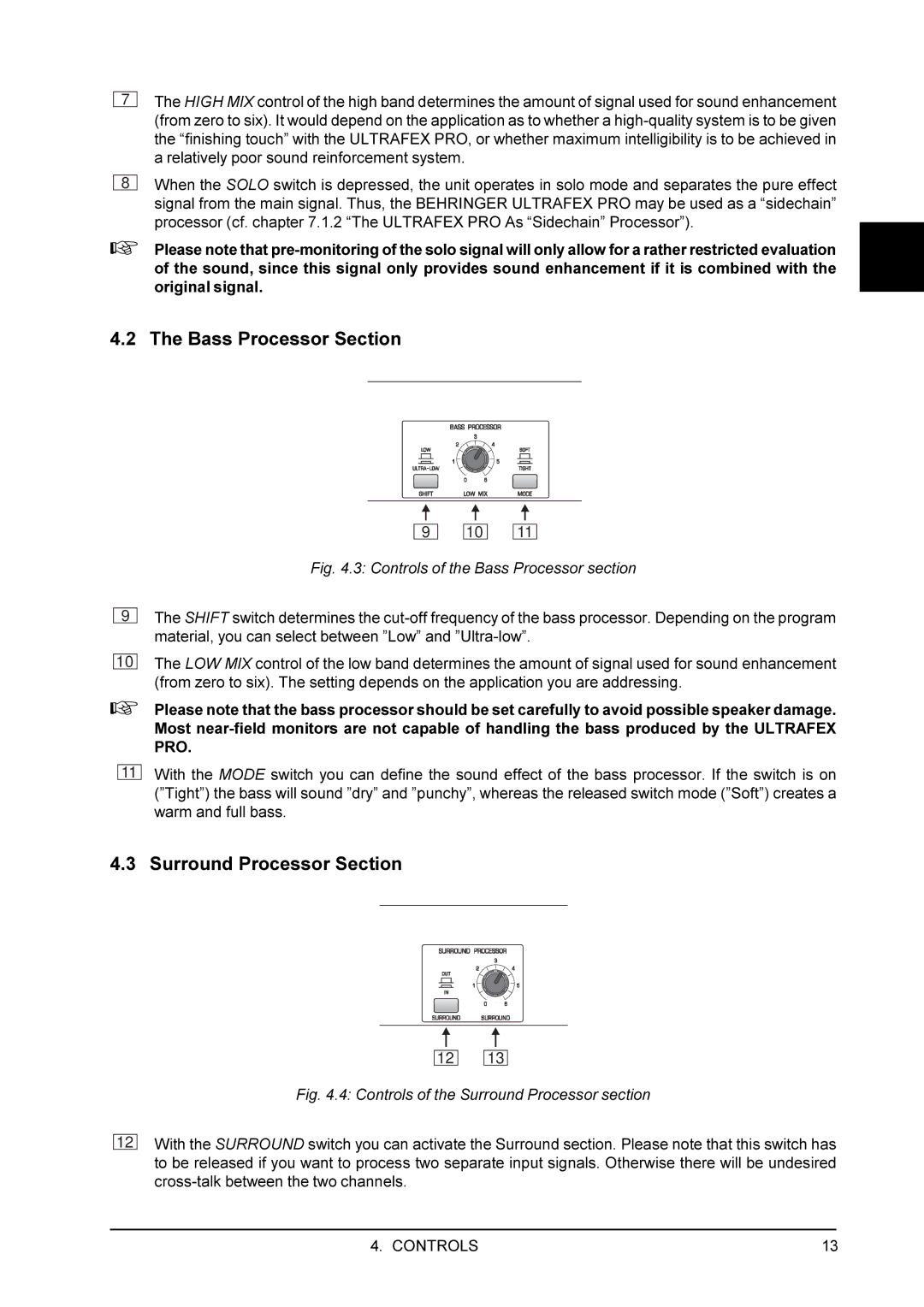 Behringer EX3200 user manual Bass Processor Section, Surround Processor Section 