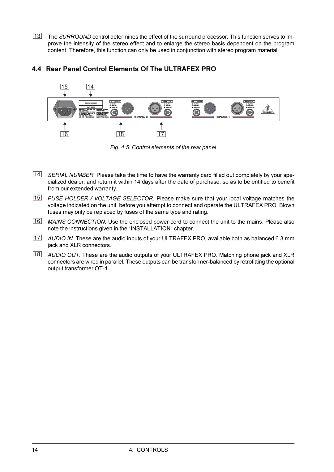 Behringer EX3200 user manual Rear Panel Control Elements Of The Ultrafex PRO, Control elements of the rear panel 