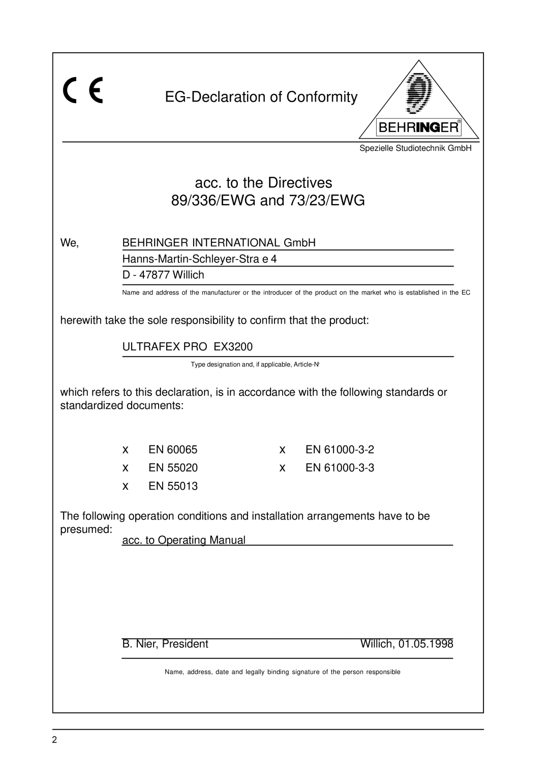 Behringer EX3200 user manual EG-Declaration of Conformity 