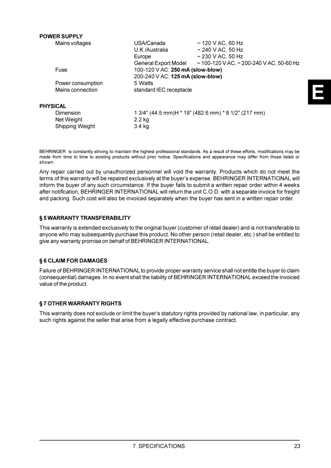 Behringer EX3200 Power Supply, Physical, § 5 Warranty Transferability, § 6 Claim for Damages, § 7 Other Warranty Rights 