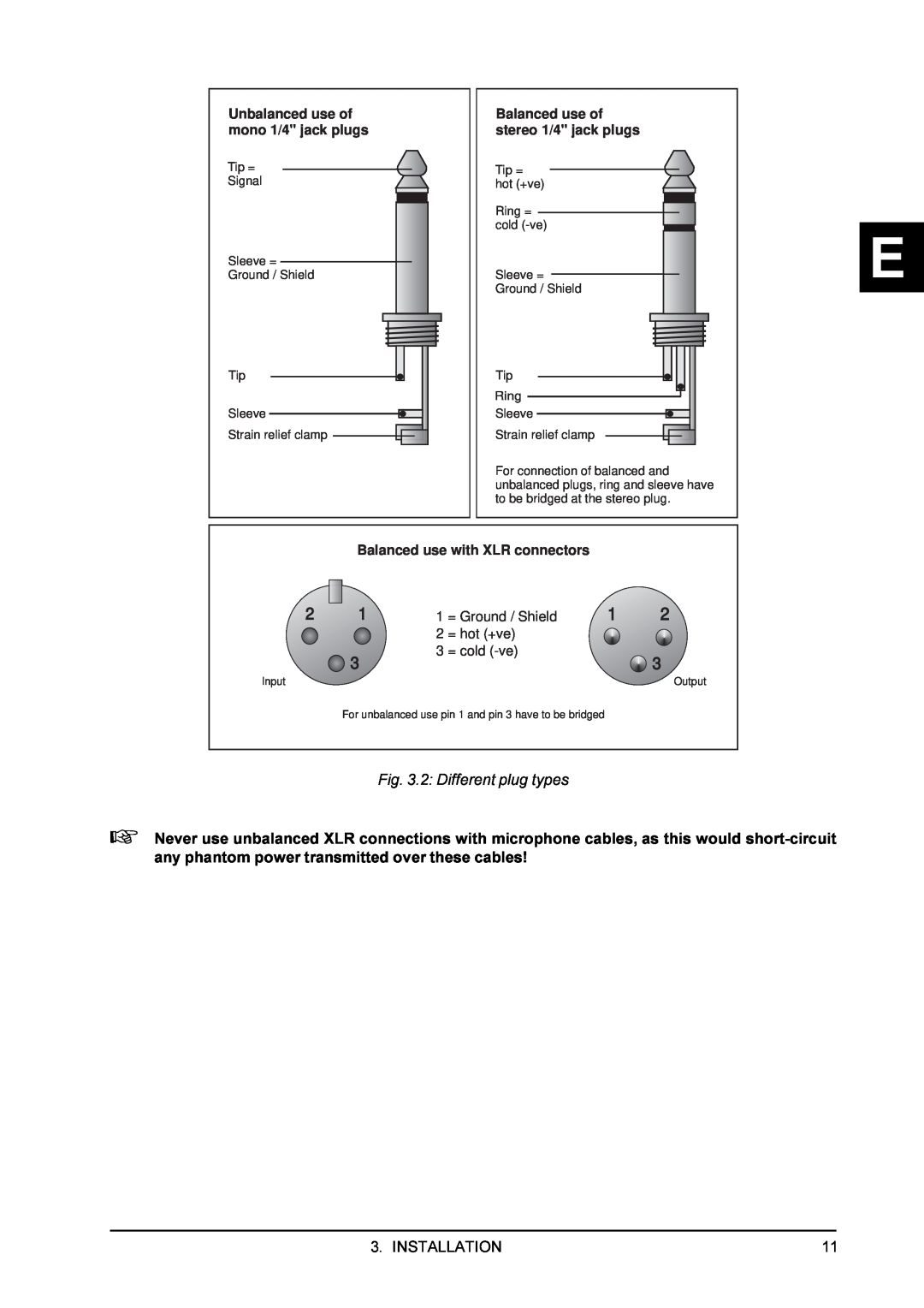 Behringer EX3200 2 Different plug types, Unbalanced use of mono 1/4 jack plugs, Balanced use of stereo 1/4 jack plugs 