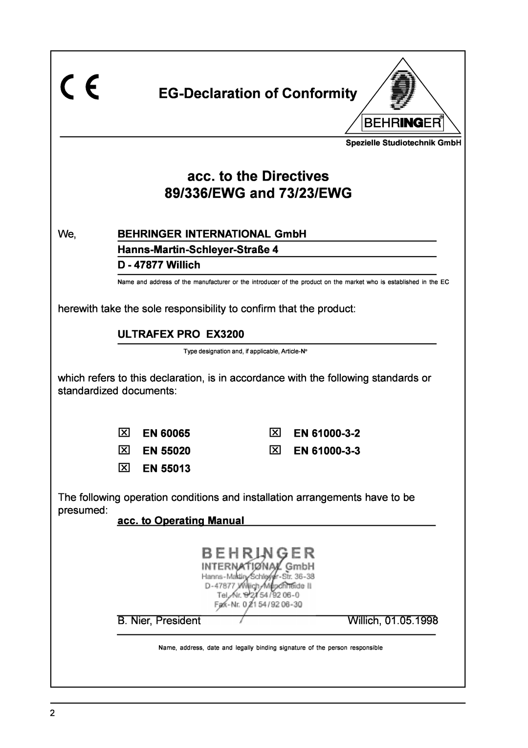 Behringer EX3200 user manual EG-Declarationof Conformity, acc. to the Directives 89/336/EWG and 73/23/EWG 