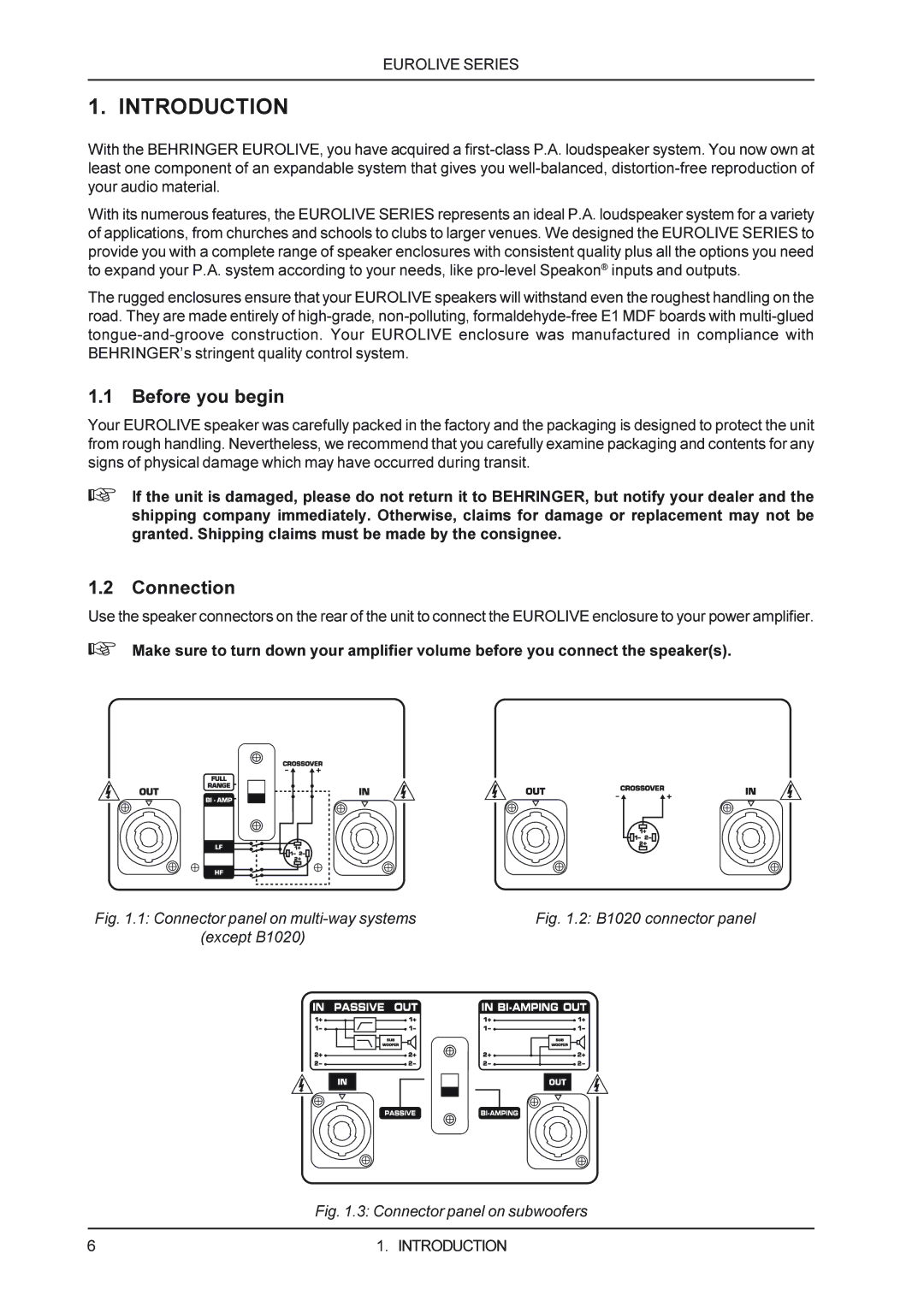 Behringer B1520, F1220, F1520, B1220 manual Introduction, Before you begin, Connection 