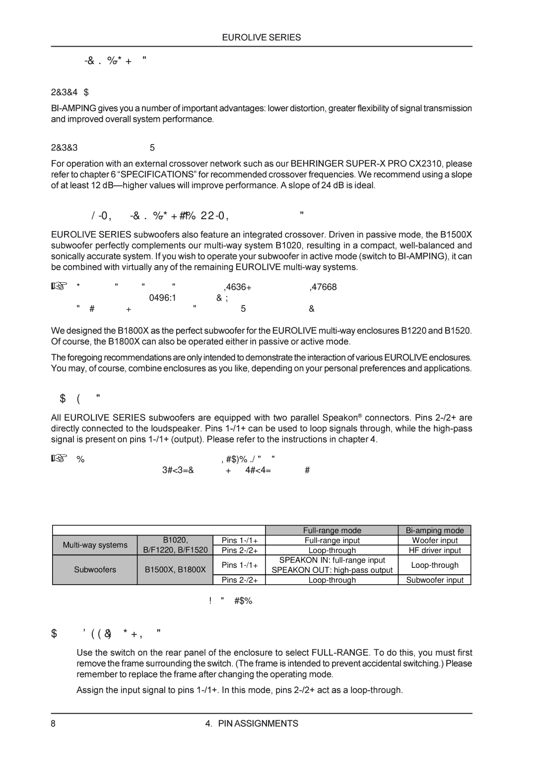 Behringer F1220, F1520, B1520, B1220 manual PIN Assignments, BI-AMPING operation, Active BI-AMPING/PASSIVE subwoofer operation 