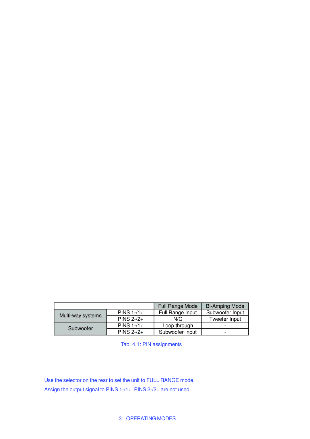 Behringer B1520, F1220, F1520, B1800, B1220 Operating Modes, PIN Assignments, Full Range operation, BI-AMPING operation 