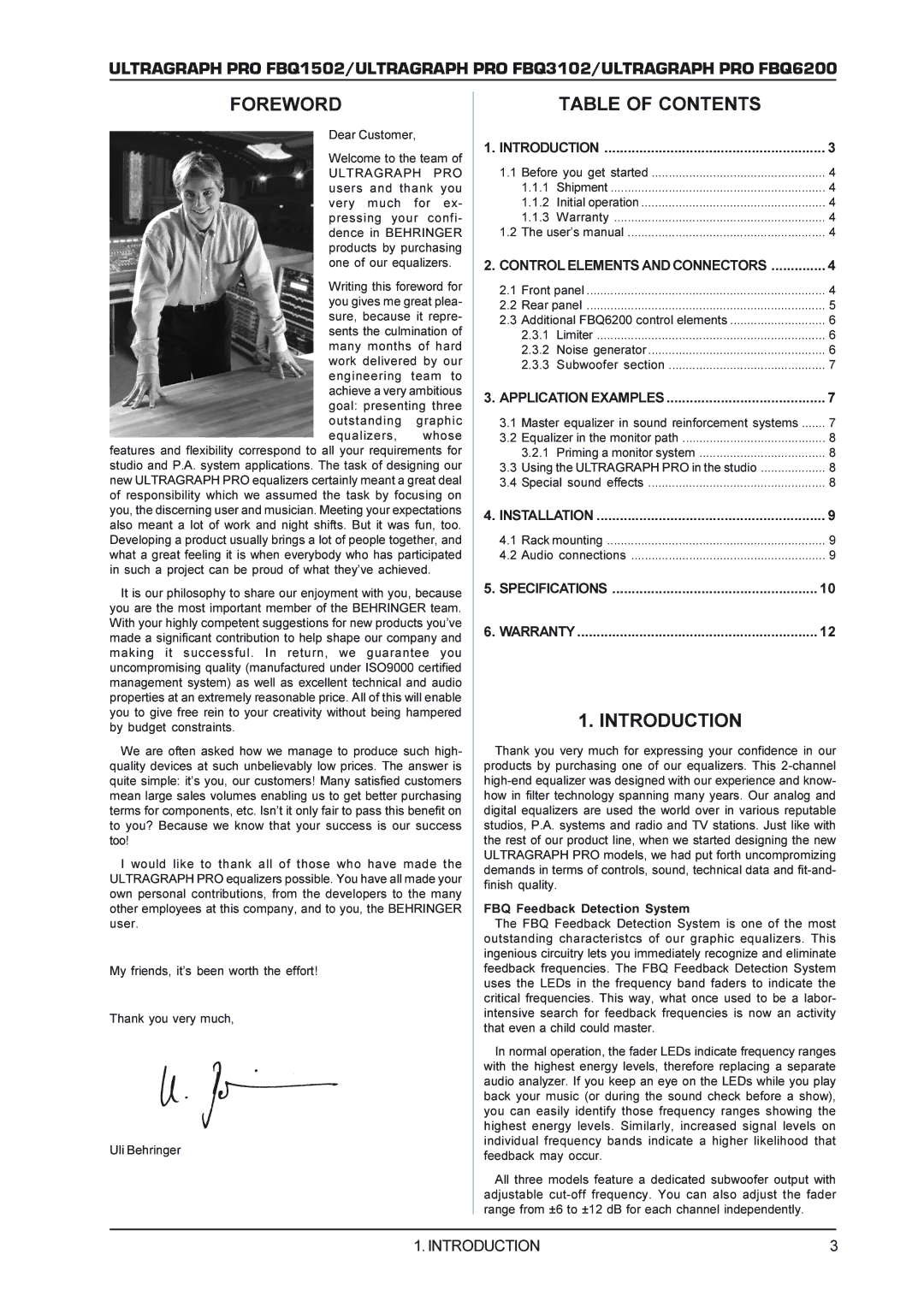 Behringer FBQ3102, FBQ6200 manual Foreword, Table of Contents, Introduction 