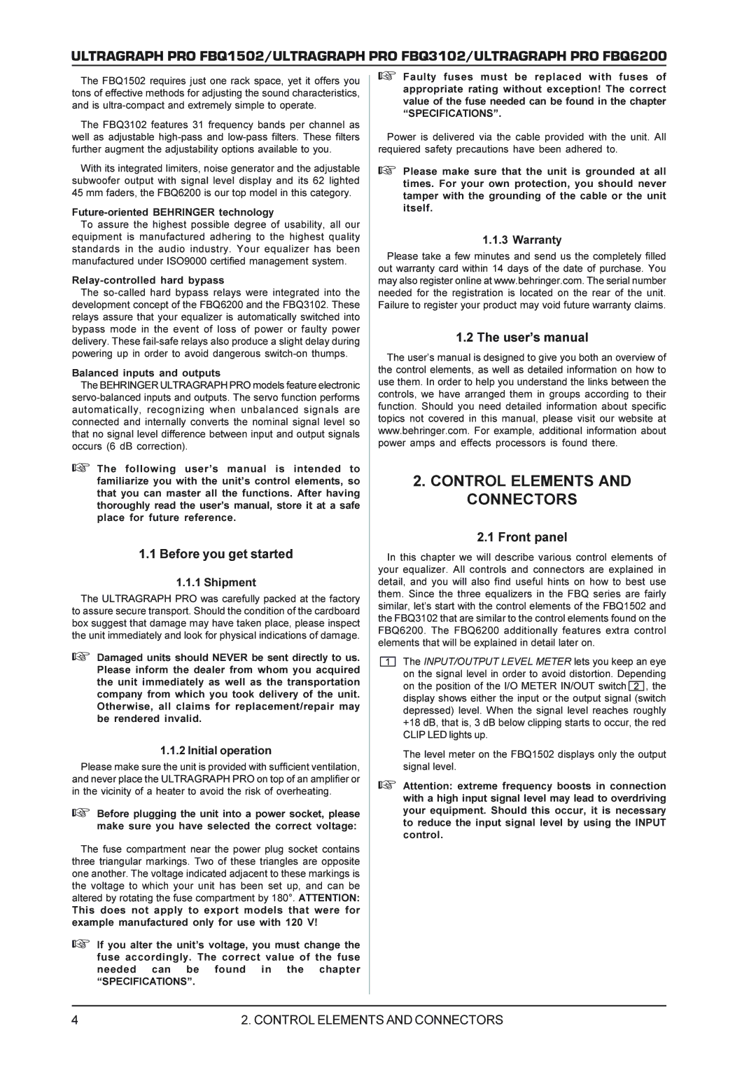 Behringer FBQ6200, FBQ3102 Control Elements and Connectors, Before you get started, User’s manual, Front panel 