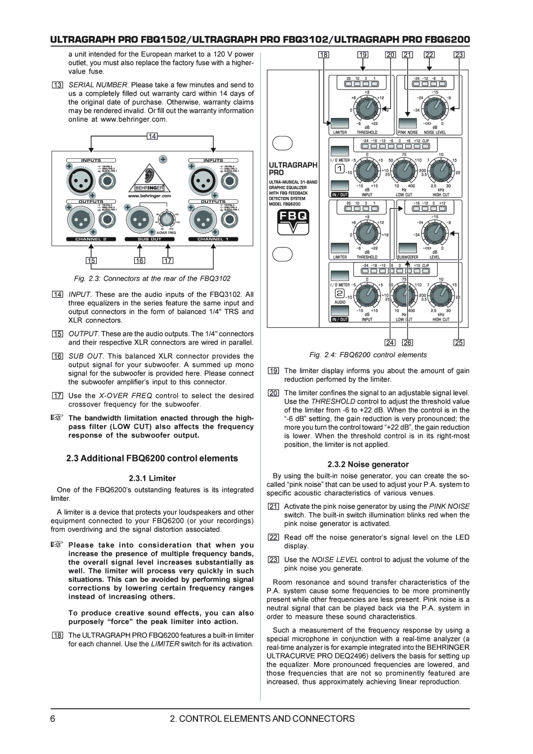 Behringer FBQ3102 manual Additional FBQ6200 control elements, Limiter, Noise generator 