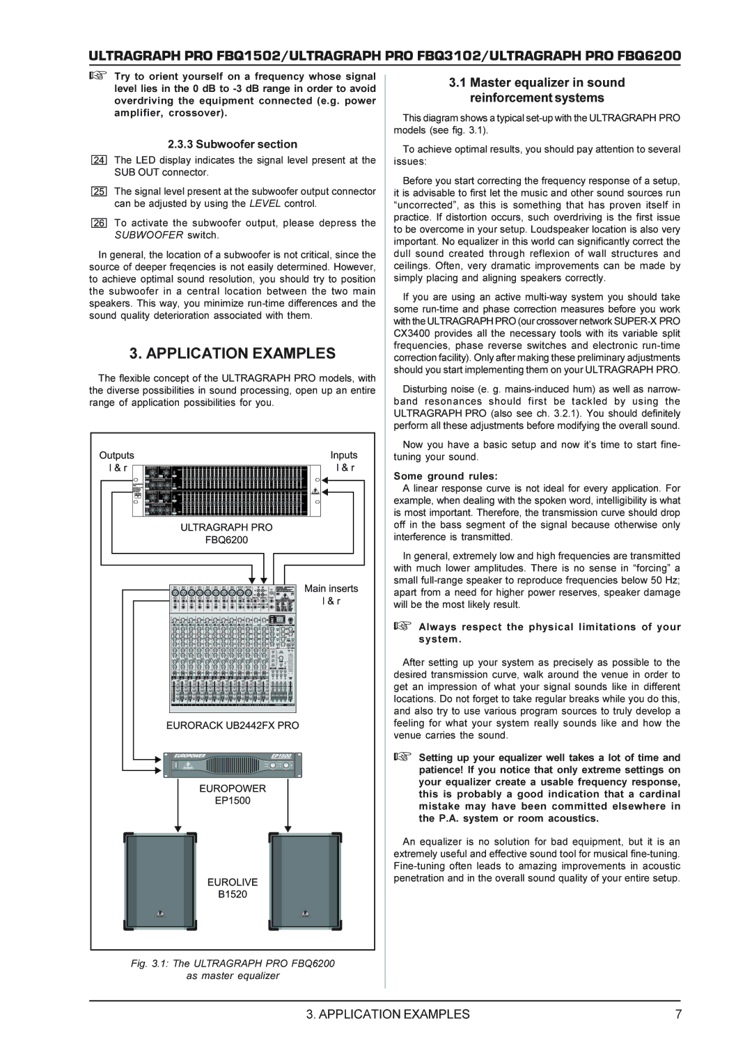 Behringer FBQ3102, FBQ6200 manual Application Examples, Master equalizer in sound reinforcement systems, Subwoofer section 