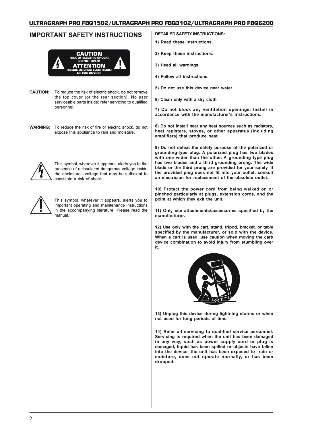 Behringer FBQ6200, FBQ3102 manual Important Safety Instructions 