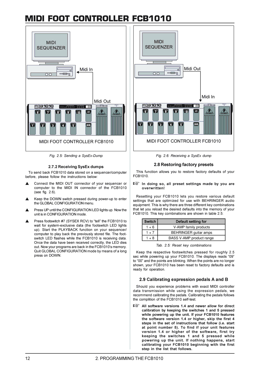 Behringer FCB1010 manual Restoring factory presets, Calibrating expression pedals a and B, Receiving SysEx dumps 