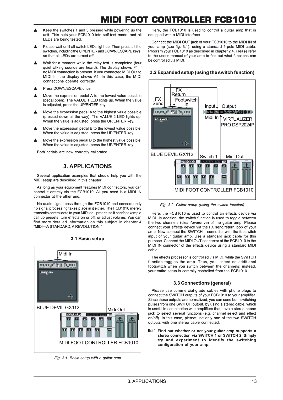 Behringer FCB1010 manual Applications, Basic setup, Expanded setup using the switch function, Connections general 