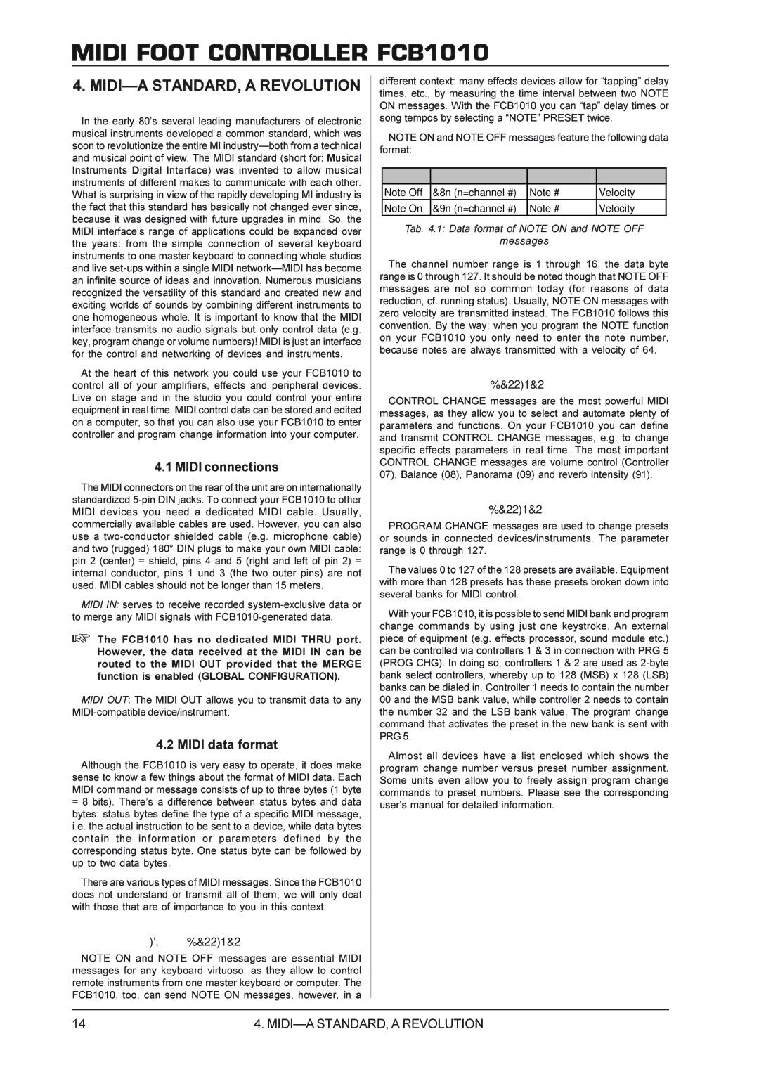 Behringer FCB1010 manual MIDI-A STANDARD, a Revolution, Midi connections, Midi data format, Control Change messages 