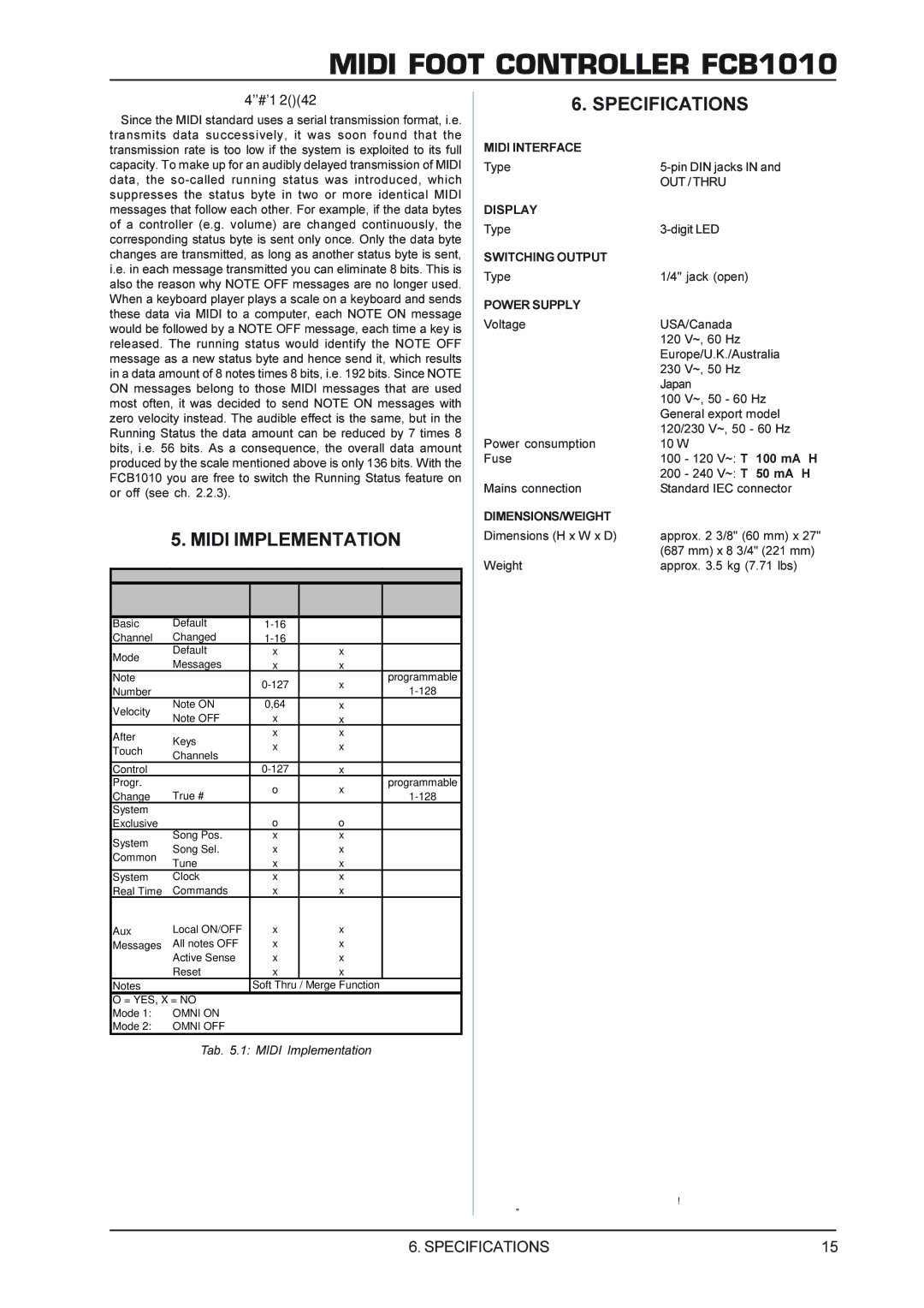 Behringer FCB1010 manual Specifications, Running status, Tab .1 Midi Implementation 