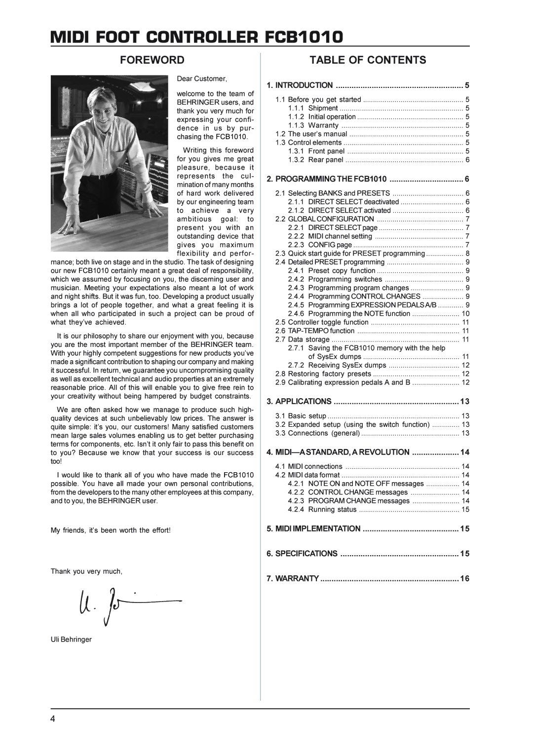 Behringer FCB1010 manual Foreword, Table of Contents 