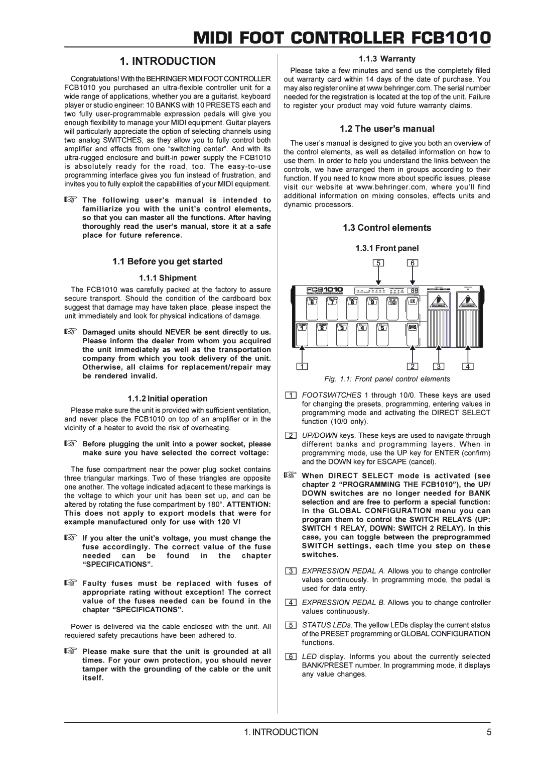 Behringer FCB1010 Introduction, Before you get started, User’s manual Control elements 