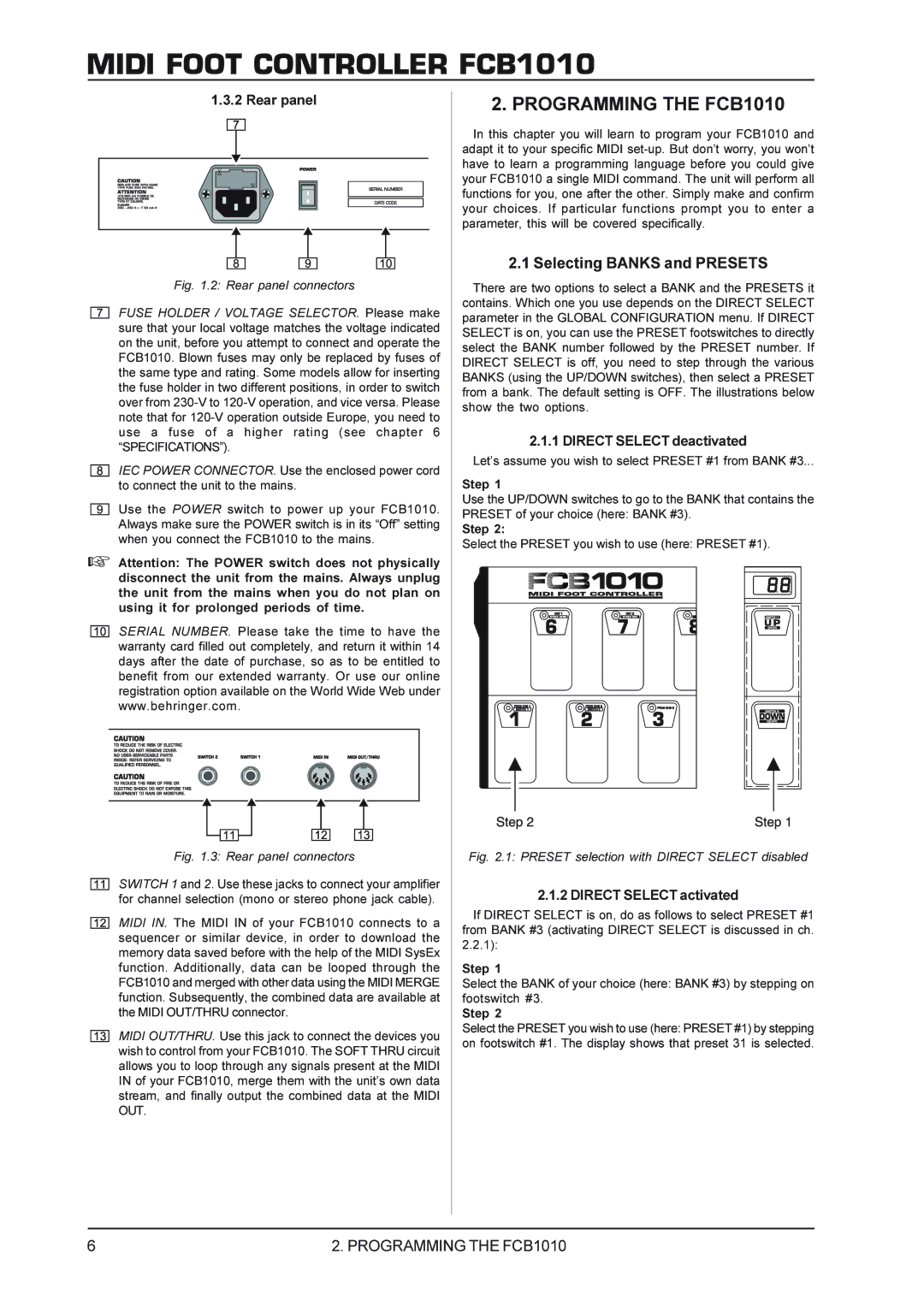 Behringer manual Programming the FCB1010, Selecting Banks and Presets, Rear panel, Direct Select deactivated 