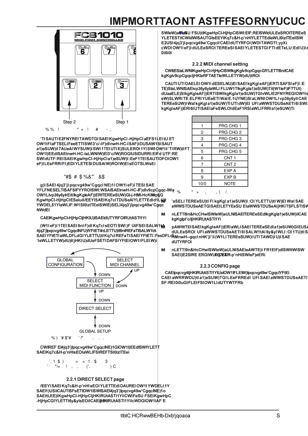 Behringer FCB1010 manual Direct Select, Midi channel setting, Config, Tab .1 Footswitches and assigned Midi functions 