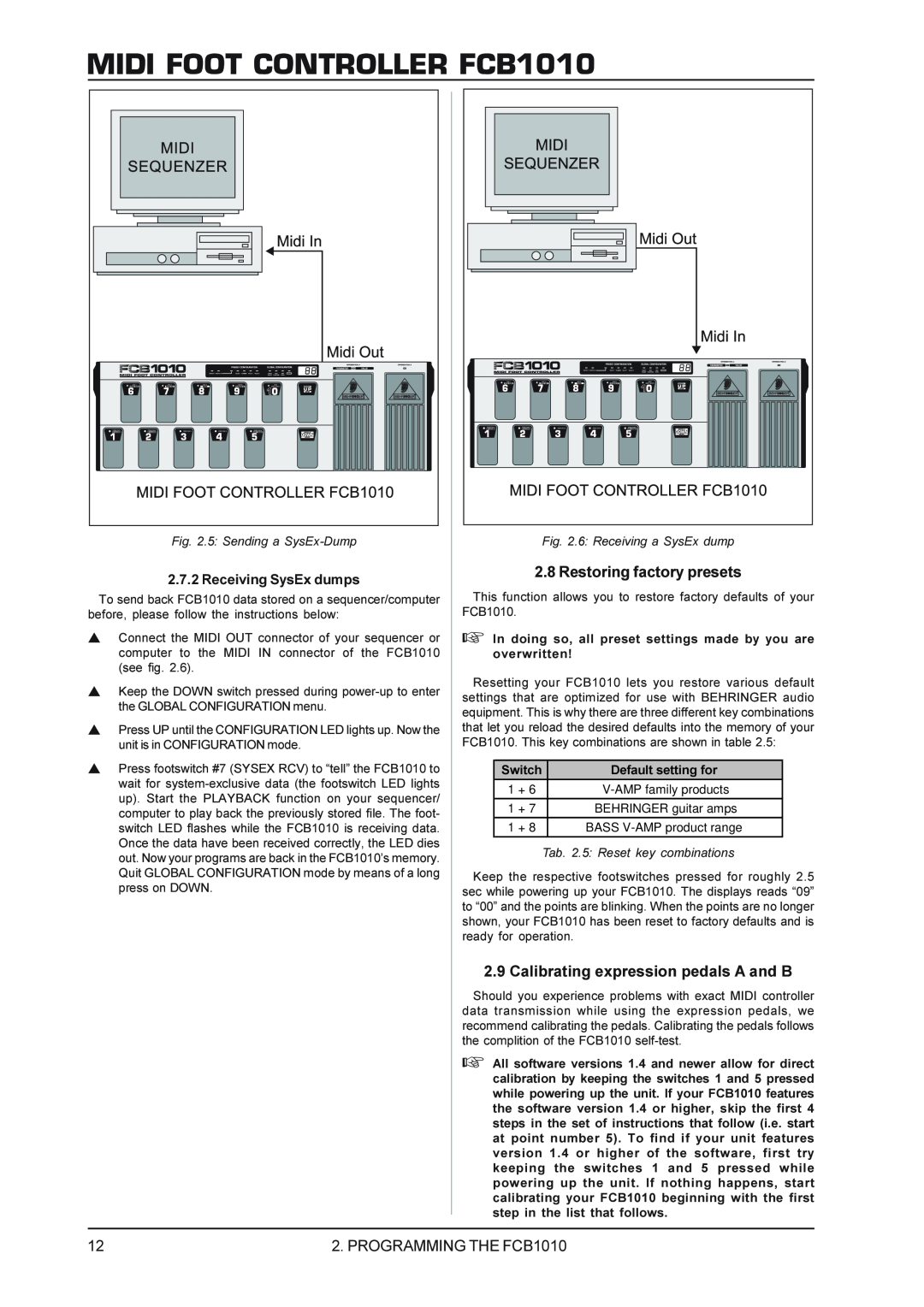Behringer manual MIDI FOOT CONTROLLER FCB1010, Restoring factory presets, Calibrating expression pedals A and B 