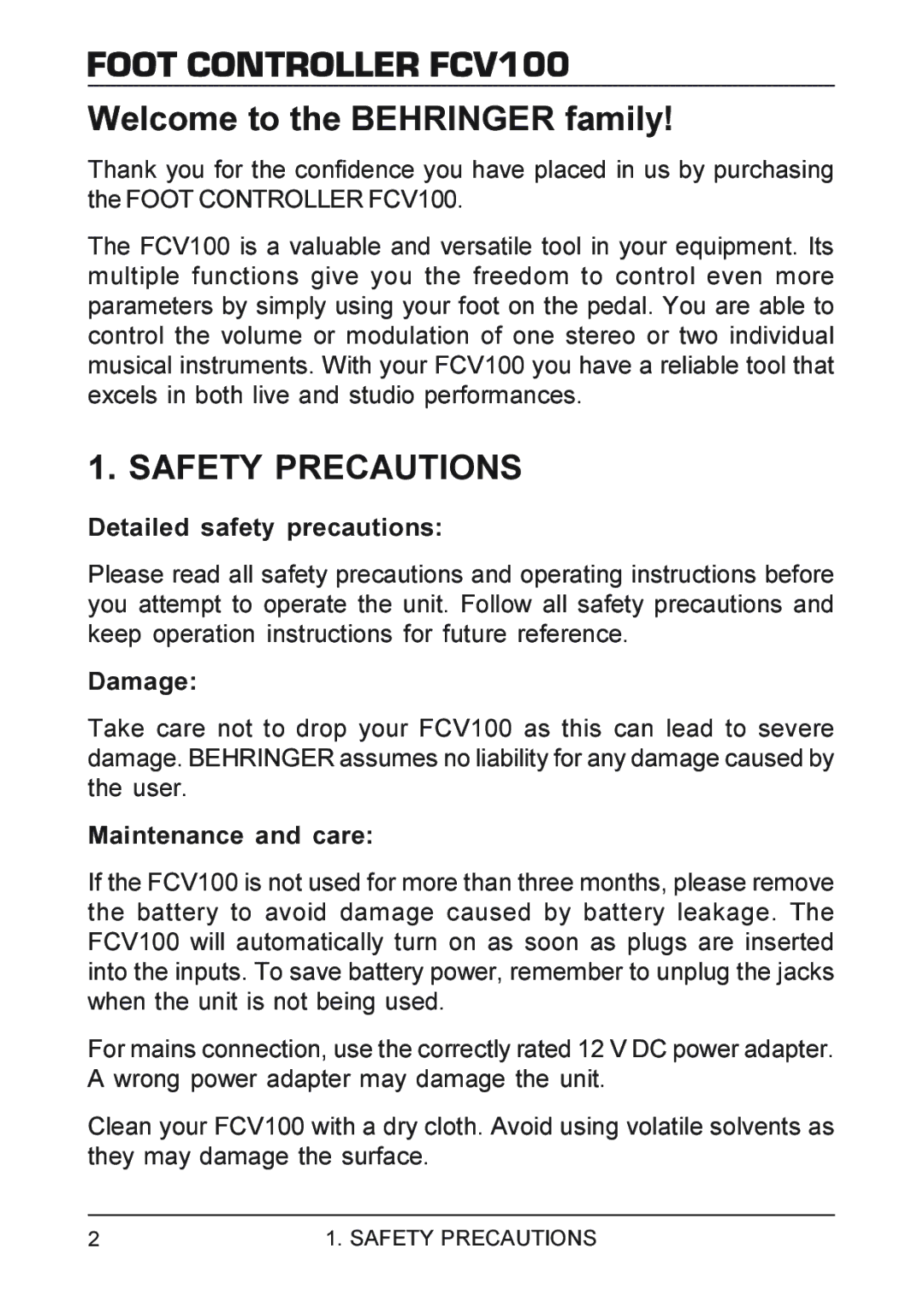 Behringer manual Foot Controller FCV100, Safety Precautions 