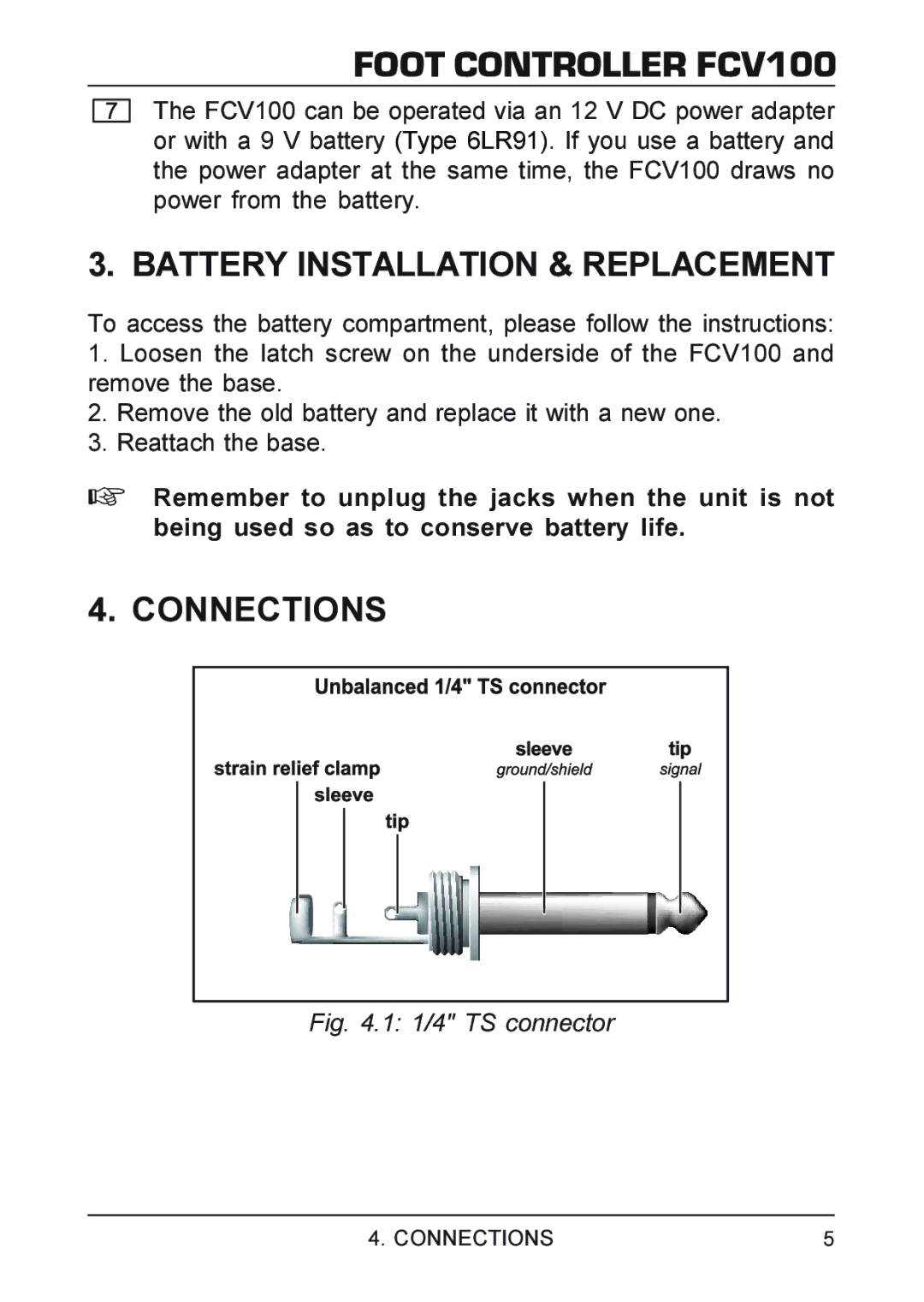 Behringer FCV100 manual Battery Installation & Replacement, Connections 