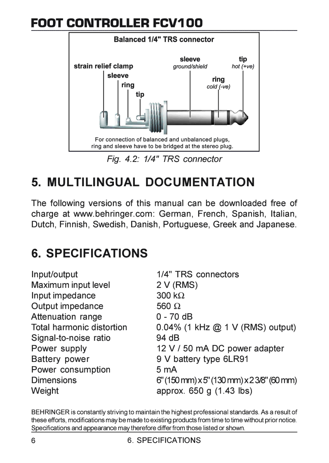 Behringer FCV100 manual Multilingual Documentation Specifications, Weight Approx g 1.43 lbs 