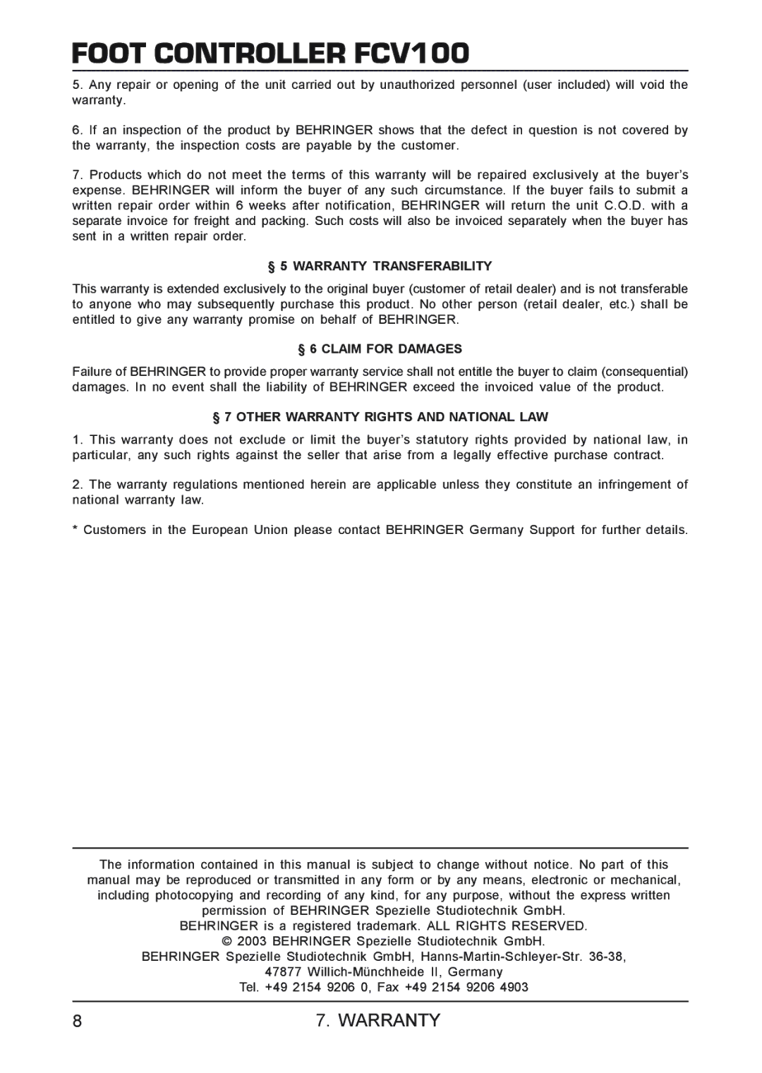 Behringer FCV100 manual § 5 Warranty Transferability, § 6 Claim for Damages, § 7 Other Warranty Rights and National LAW 