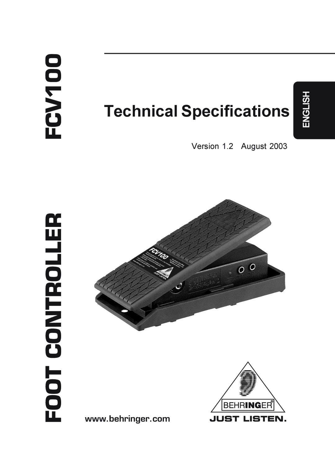 Behringer FCV100 technical specifications Foot Controller 