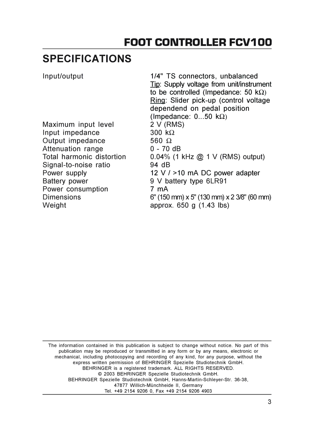 Behringer FCV100 technical specifications Specifications 