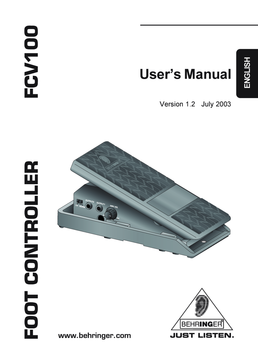 Behringer FCV100 manual Foot Controller, User’s Manual, English 