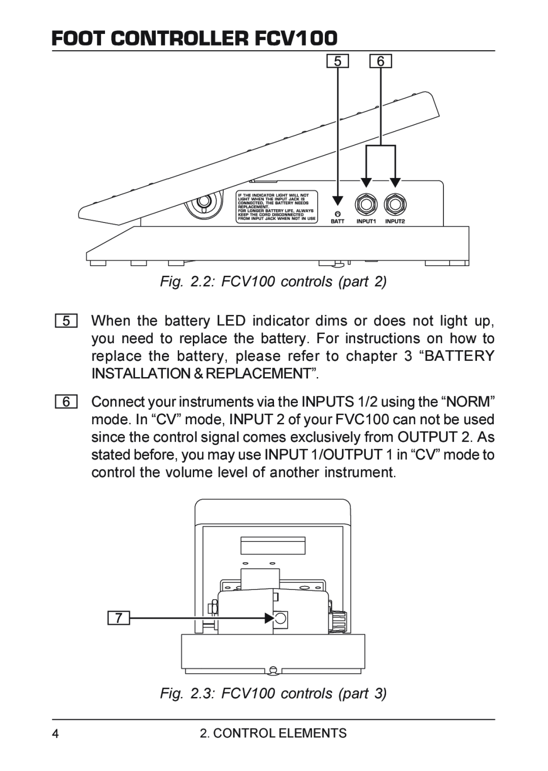 Behringer manual 2 FCV100 controls part, 3 FCV100 controls part, FOOT CONTROLLER FCV100 
