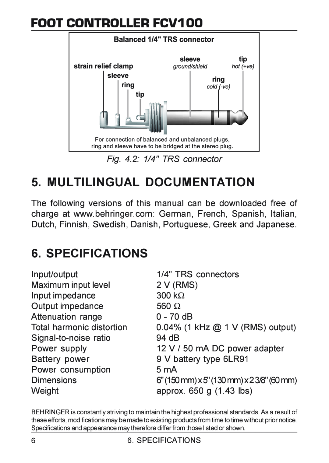 Behringer manual Multilingual Documentation, Specifications, 2 1/4 TRS connector, FOOT CONTROLLER FCV100 