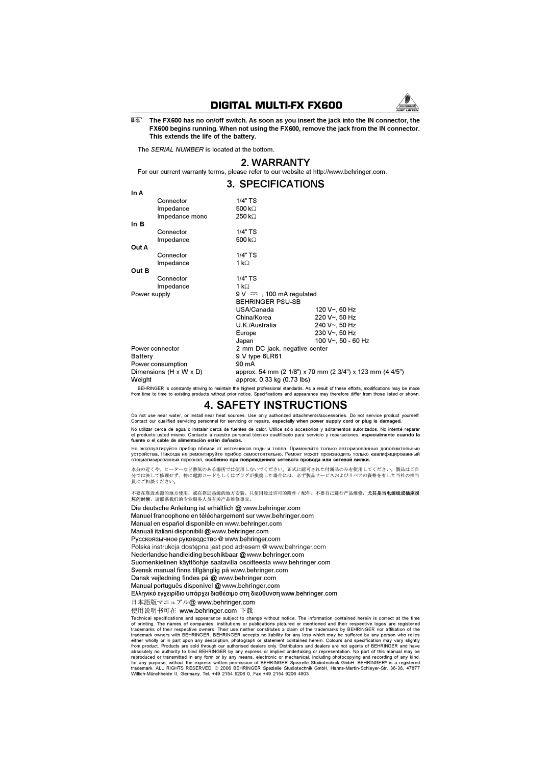 Behringer FX600 manual Fuente o el cabledealimentaciónestén dañados, Safety Instructions, Warranty Specifications 