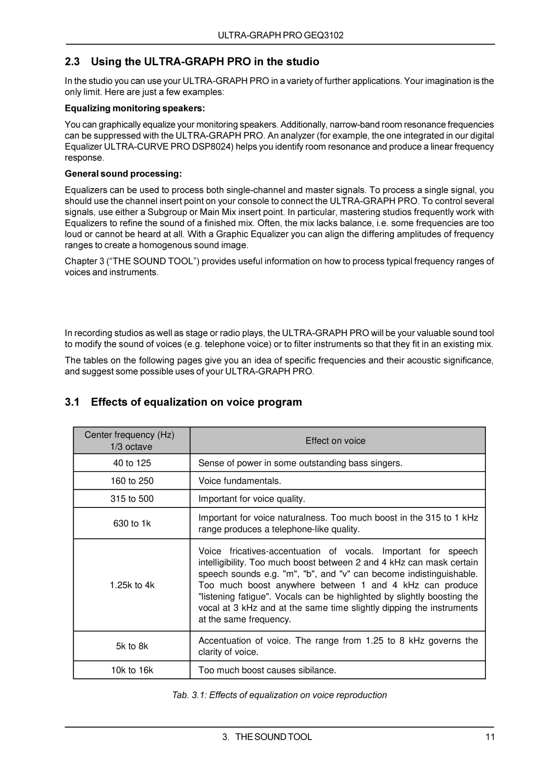 Behringer GEQ3102 manual Sound Tool, Using the ULTRA-GRAPH PRO in the studio, Effects of equalization on voice program 