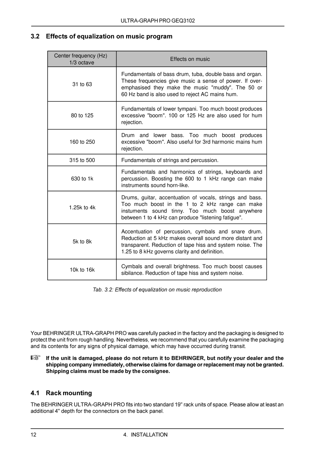 Behringer GEQ3102 manual Installation, Effects of equalization on music program, Rack mounting 